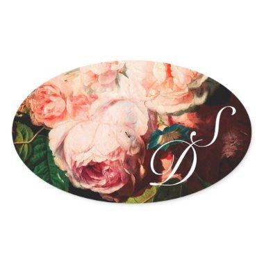 WHITE PINK ROSES AND MORNING GLORY MONOGRAM OVAL STICKER