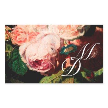 WHITE PINK ROSES AND MORNING GLORY MONOGRAM RECTANGULAR STICKER