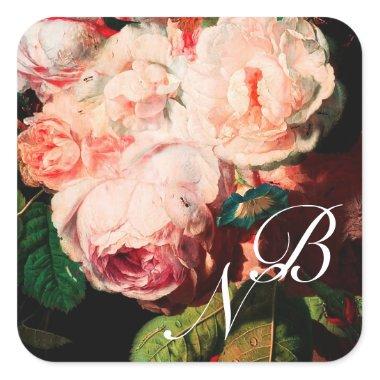 WHITE PINK ROSES AND MORNING GLORY MONOGRAM SQUARE STICKER
