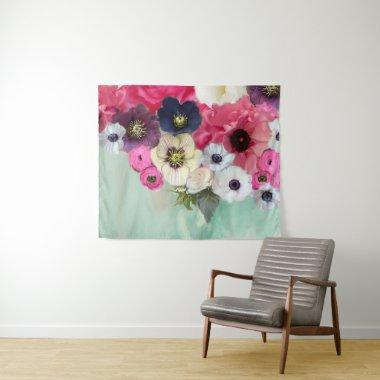 WHITE PINK ROSES ,ANEMONE FLOWERS ,TEAL AQUA BLUE TAPESTRY