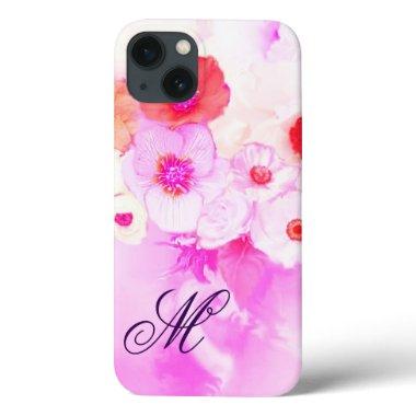 WHITE PINK ROSES, RED ANEMONE FLOWERS MONOGRAM iPhone 13 CASE