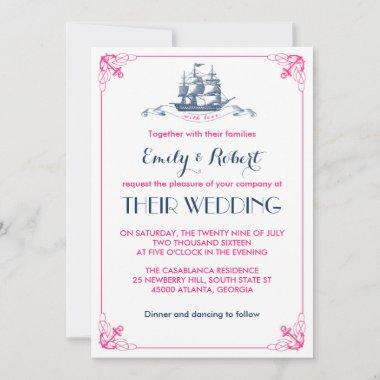 White Pink Vintage Ship Anchor Wedding Invitations