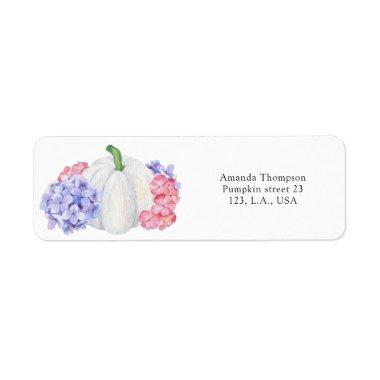 White pumpkin and hydrangea flowers  label