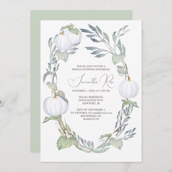 WHITE PUMPKIN Bridal Shower Green Leaves Invitations