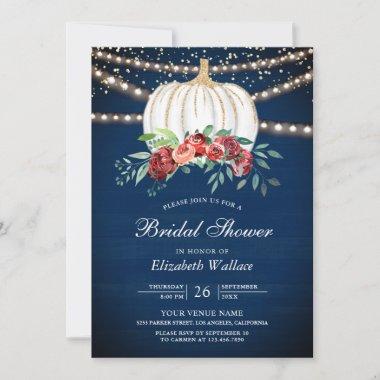 White Pumpkin Burgundy Floral Navy Bridal Shower Invitations