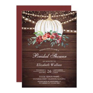 White Pumpkin Burgundy Floral Wood Bridal Shower Invitations