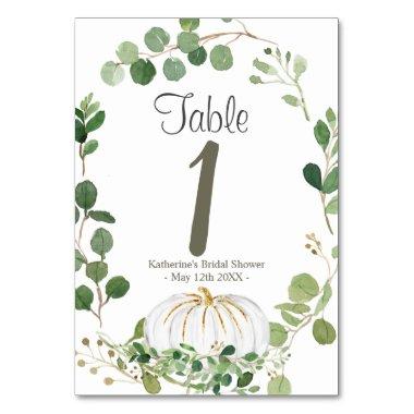 White Pumpkin Greenery Floral Bridal Shower Table Number