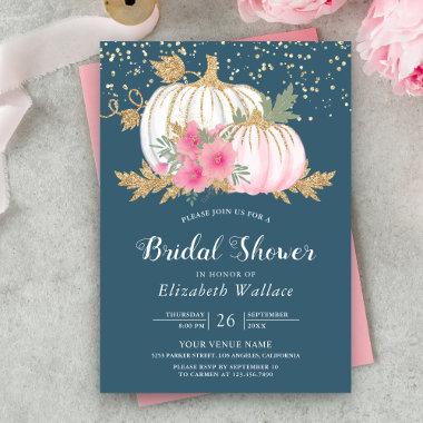 White Pumpkin Pink Floral Dusty Blue Bridal Shower Invitations
