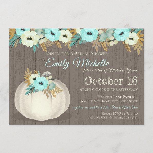 White Pumpkin with Turquoise Floral Bridal Shower Invitations