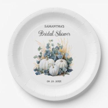 White pumpkins and eucalyptus greens Bridal Shower Paper Plates