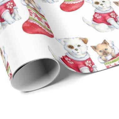 White | Puppy & Kitten Christmas Wrapping Paper