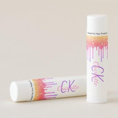 White rainbow glitter drips pink purple monogram lip balm