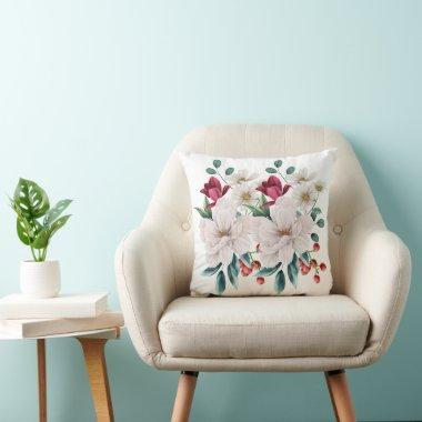 White Red Flowers Floral Greenery Red Berries Gift Throw Pillow