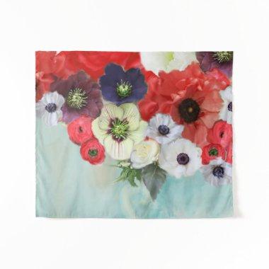 WHITE RED ROSES ,ANEMONE FLOWERS ,TEAL AQUA BLUE TAPESTRY