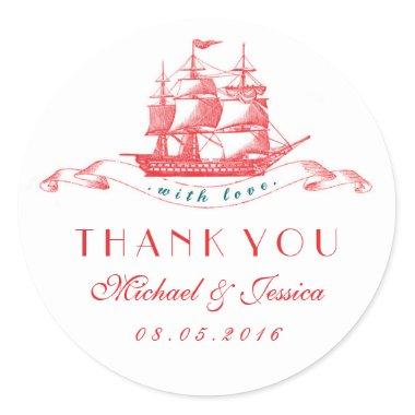 White Red Vintage Ship Wedding Thank You Sticker