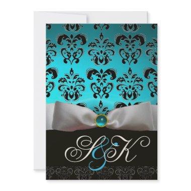 WHITE RIBBON AQUA BLUE BLACK DAMASK MONOGRAM Invitations