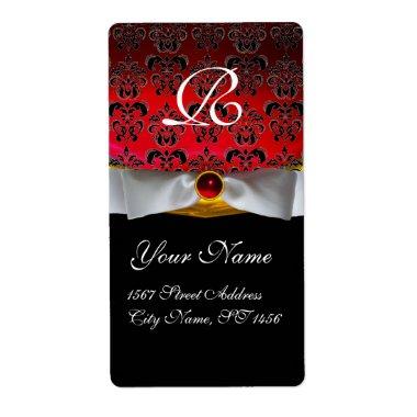 WHITE RIBBON BLACK RED BURGUNDY DAMASK MONOGRAM LABEL