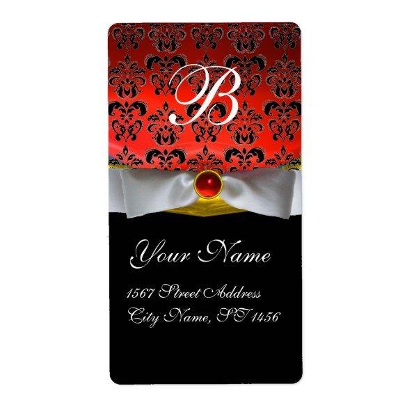 WHITE RIBBON BLACK RED RUBY DAMASK MONOGRAM LABEL