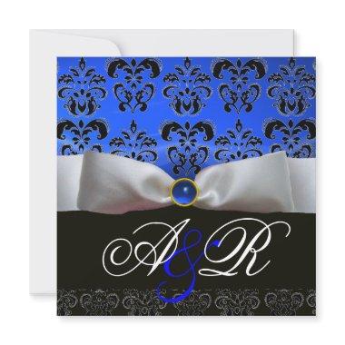 WHITE RIBBON BLUE SAPPHIRE BLACK DAMASK MONOGRAM Invitations