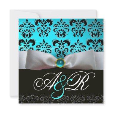 WHITE RIBBON BLUE TURQUASE BLACK DAMASK MONOGRAM Invitations