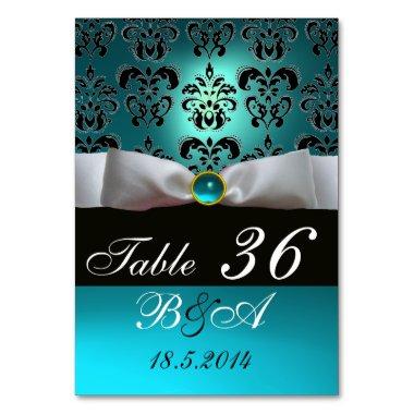 WHITE RIBBON BLUE TURQUASE BLACK DAMASK MONOGRAM TABLE NUMBER