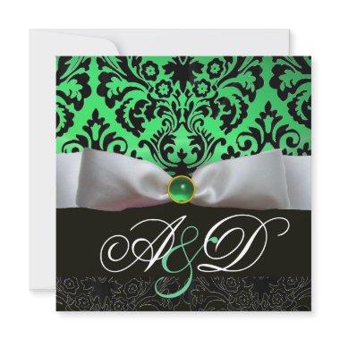 WHITE RIBBON EMERALD GREEN BLACK DAMASK MONOGRAM Invitations