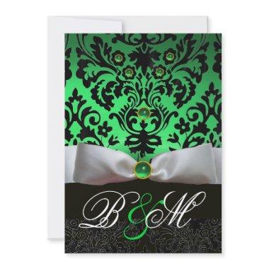 WHITE RIBBON EMERALD GREEN BLACK DAMASK MONOGRAM Invitations