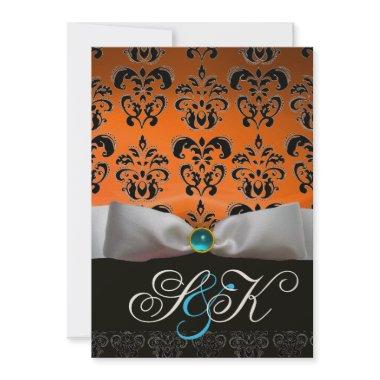 WHITE RIBBON ORANGE BLUE BLACK DAMASK MONOGRAM Invitations