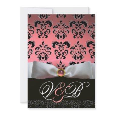 WHITE RIBBON PINK BLACK DAMASK MONOGRAM Invitations