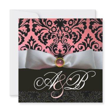 WHITE RIBBON PINK BLACK DAMASK MONOGRAM Invitations