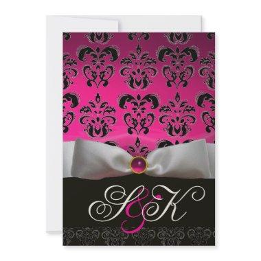 WHITE RIBBON PINK FUCHSIA BLACK DAMASK MONOGRAM Invitations