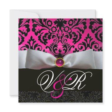 WHITE RIBBON PINK FUCHSIA BLACK DAMASK MONOGRAM Invitations