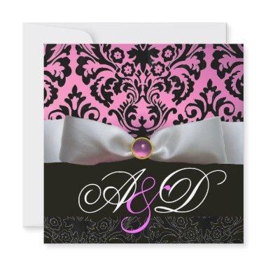 WHITE RIBBON PINK LILAC BLACK DAMASK MONOGRAM Invitations