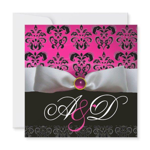 WHITE RIBBON PINK PURPLE BLACK DAMASK MONOGRAM Invitations