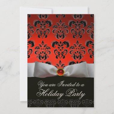 WHITE RIBBON RED BLACK DAMASK HOLIDAY PARTY Ruby Invitations