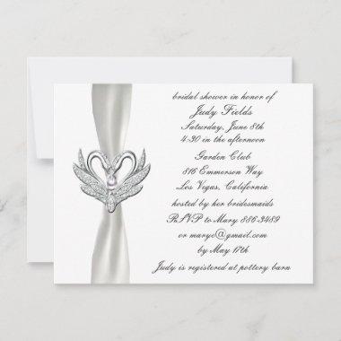 White Ribbon Silver Swans Bridal Shower Invitations