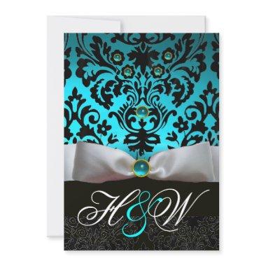 WHITE RIBBON TEAL AQUA BLUE BLACK DAMASK MONOGRAM Invitations