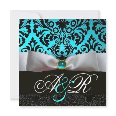 WHITE RIBBON TEAL AQUA BLUE BLACK DAMASK MONOGRAM Invitations