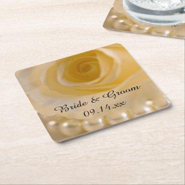 White Rose and Pearls Wedding Square Paper Coaster