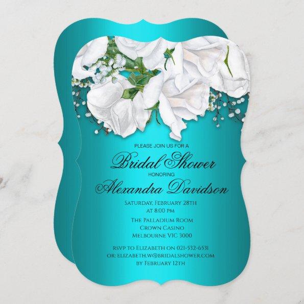 White Rose Bridal Bouquet Aqua Bridal Shower Invitations
