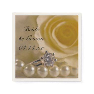 White Rose, Engagement Ring and Pearls Wedding Paper Napkins