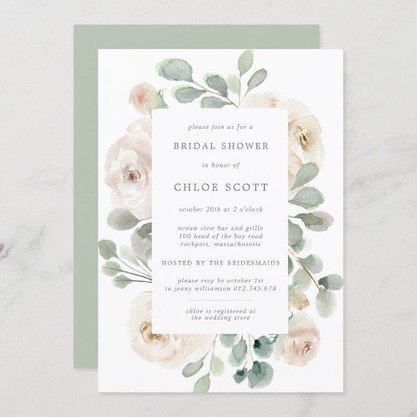 White Rose Floral Botanical Bridal Shower Invitations
