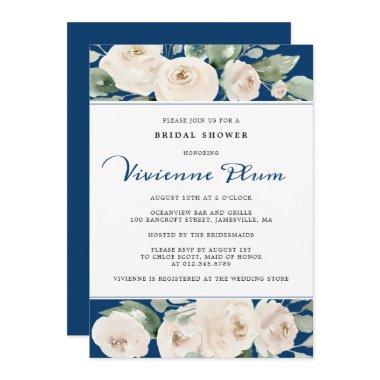 White Rose Floral on Navy Blue Bridal Shower Invitations