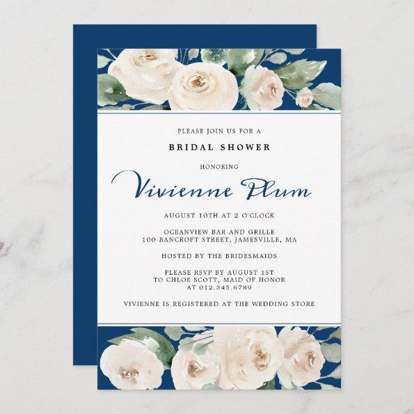 White Rose Floral on Navy Blue Bridal Shower Invitations