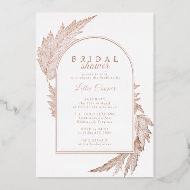 White & Rose Gold Fall Leaf Elegant Bridal Shower Foil Invitations