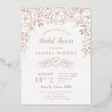 White & Rose Gold Floral Line Art Bridal Shower Foil Invitations