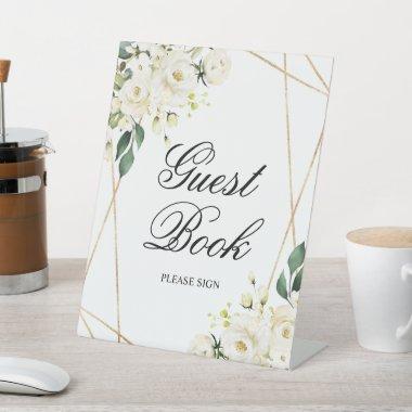 White Rose & Gold Frame Shower Guest Book Sign