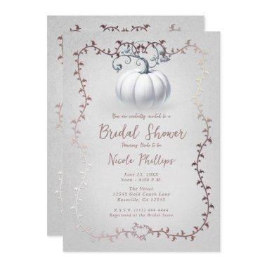 White & Rose Gold Storybook White Pumpkin Bridal Invitations