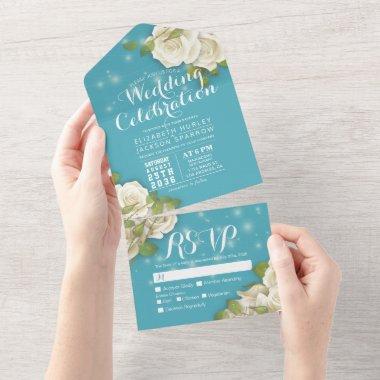 White Rose String Light Blue Gradient Wedding RSVP All In One Invitations