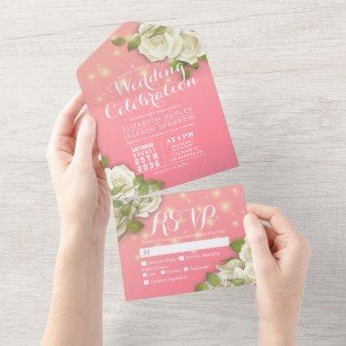 White Rose String Light Pink Gradient Wedding RSVP All In One Invitations